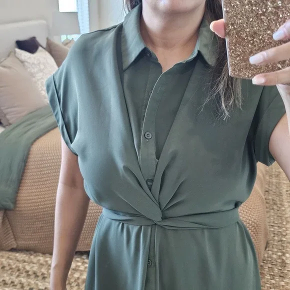 Woman's Casual Twist Front Short Sleve Collar Button Down Long Shirt Dress Large - Picture 2 of 14